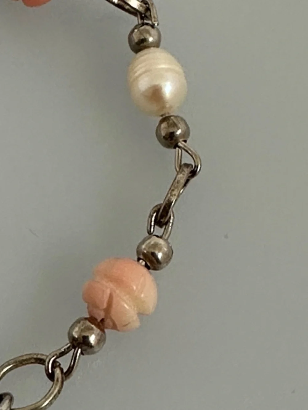 Carved Jade Floral Bracelet with Pink Coral and Real Pearls Accents